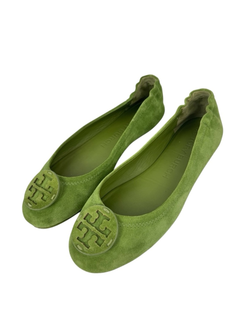 Tory Burch Minnie Travel Ballet Flats Green Suede Tonal Logo Size 7 Leather logo - Picture 12 of 15